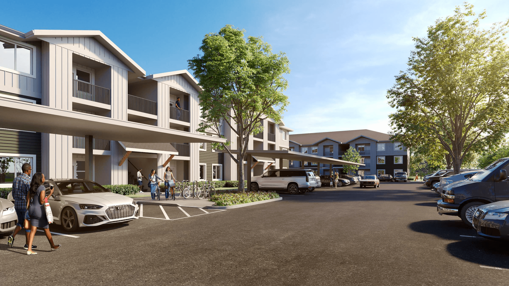 A rendering of a modern apartment complex with cars parked in the driveway.